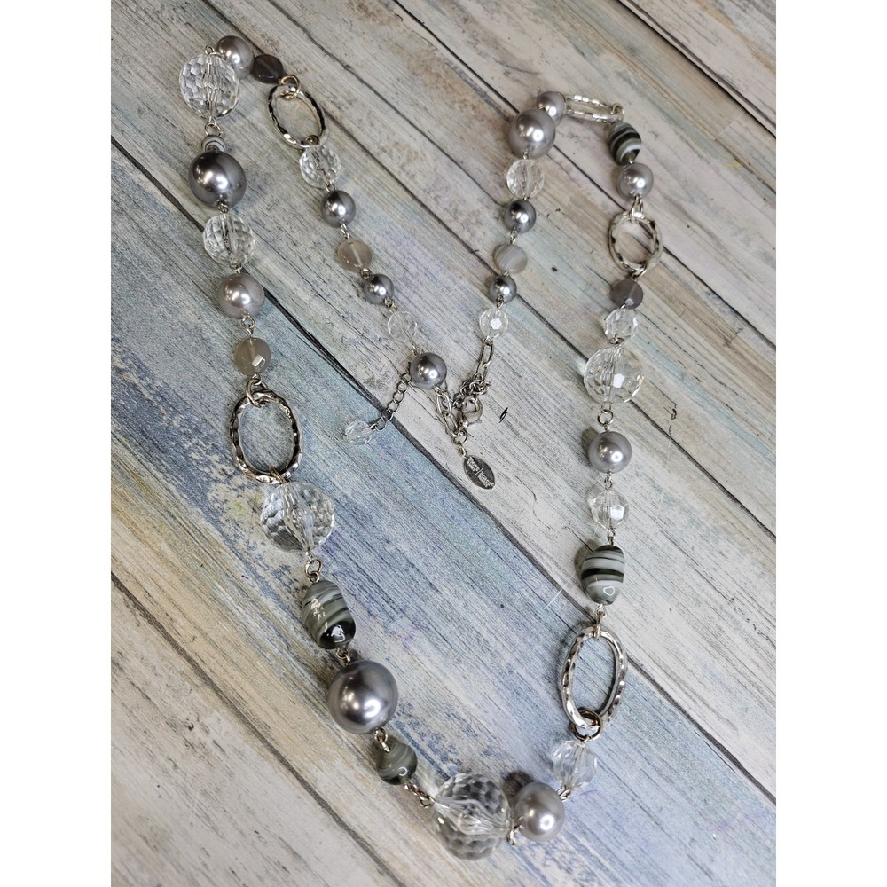 WHBM Crystal Marbled Beads Necklace 36"‎ Silver Tone Hammered NWOT White House